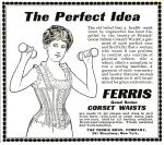Image of corset advertisement showing woman holding hand weights from 1890
