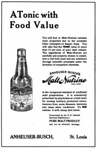 Image of Malt-Nutrine ad claiing the product was a tonic with food value