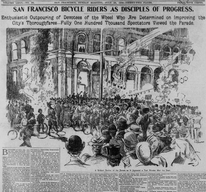 Newspaper coverage of a bicyclist's parade, watched by more than 100,000 San Franciscans.From the San Francisco Call, July 26, 1896.