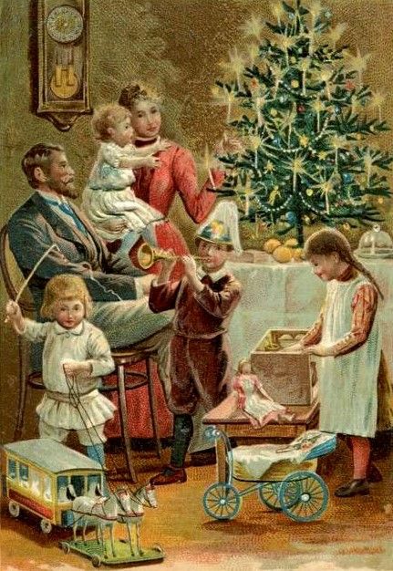 Illustration from about 1900 of a family beside their Christmas tree. The children are playing with new toys. Mother holds baby the Christmas tree while father watches.