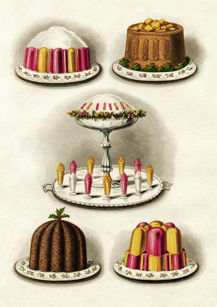 Illustration of different desserts, including a cake, a plum pudding, a molded gelatine, a cake decorated with gelatine, and a mousse. 