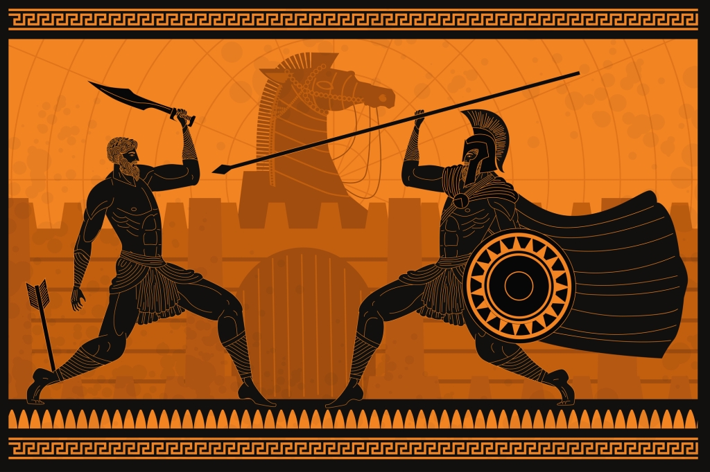 Illustration of Achilles and Paris in battle. Paris has a long spear and shield. Achilles holds a long knife while an arrow protrudes from his right heel. Behind them is the outline of a stone fortress over the top of which is the head of the Trojan horse.