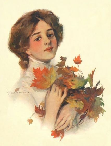 Illustration of young woman holding a bouquet of autumn colored leaves in her arms up against her chest.