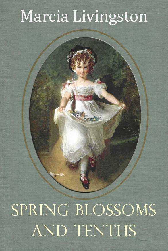 E-book cover showing a little girl in old-fashioned dress and bonnet. In her hands she holds up the hem of her outer skirt to hold flowers.